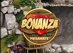 Bonanza Megaways casino game logo with colorful design and natural background.