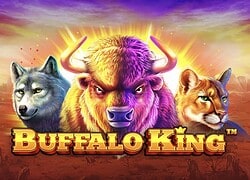 Buffalo King slot game with a fierce buffalo, wolf, and lion in a vibrant sunset.
